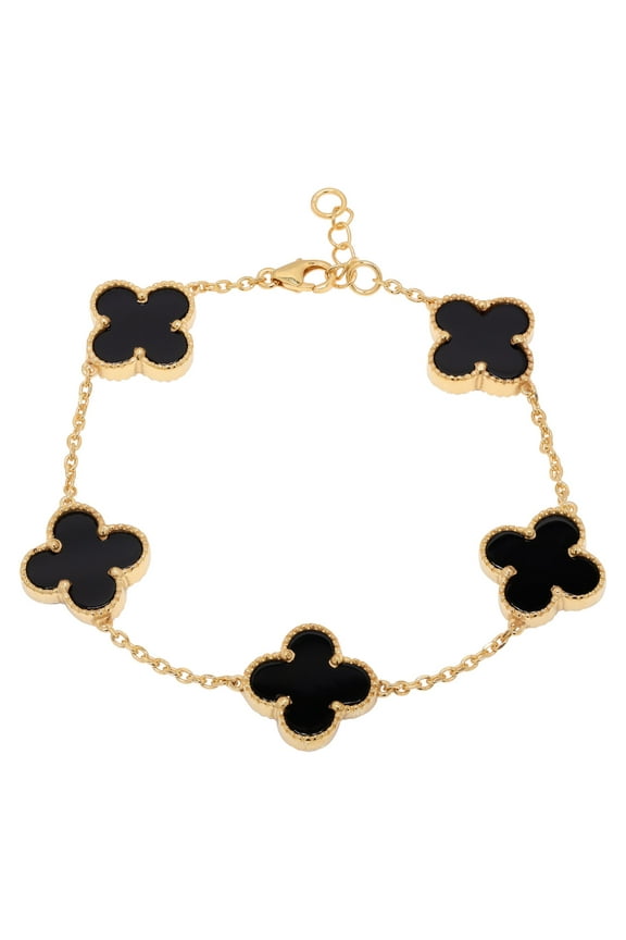 925 Sterling Silver Natural Black Onyx Stone Clover Bracelet For Women