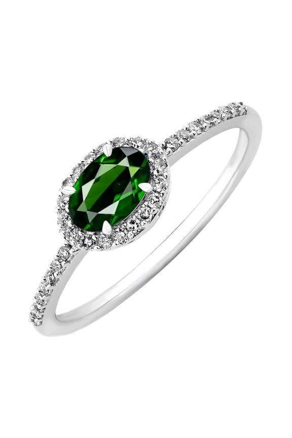 925 Sterling Silver Natural Chrome Diopside Gemstone With White Topaz Halo Style Silver Ring