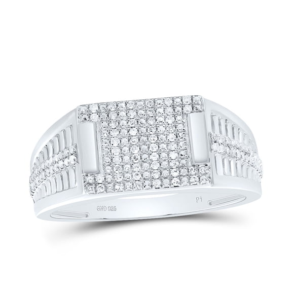925 Sterling Silver Natural Diamond Grooved Cluster Rectangle Pinky Ring 1/3 CT