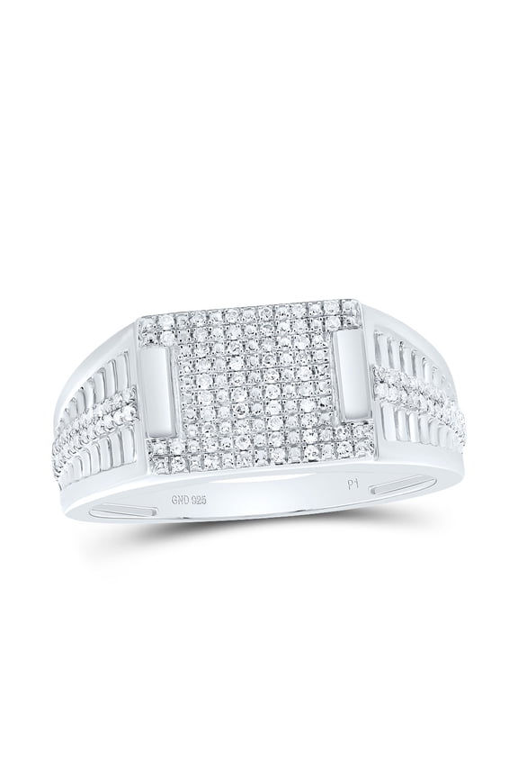 925 Sterling Silver Natural Diamond Grooved Cluster Rectangle Pinky Ring 1/3 CT