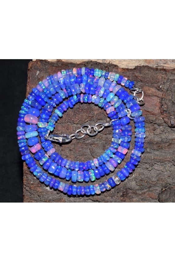 925 Sterling Silver Natural Ethiopian Wello Fire Blue Opal Gemstone Beads 18 Inches Opal Necklace Gemstone Jewelry