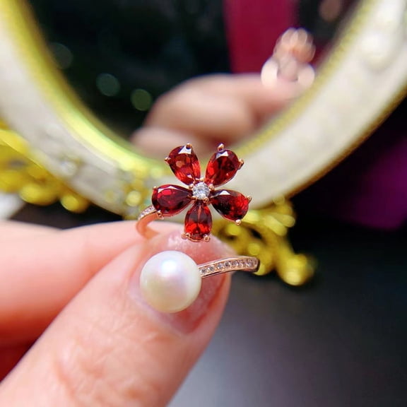 925 Sterling Silver Natural Garnet  Adjustable Ring
