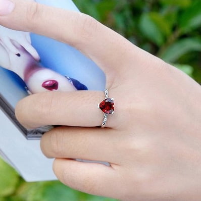 925 Sterling Silver Natural Garnet Heart Cut Adjustable Ring