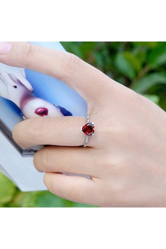 925 Sterling Silver Natural Garnet Heart Cut Adjustable Ring