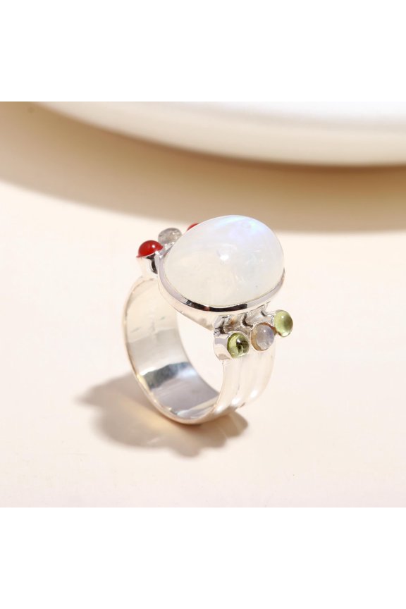 925 Sterling Silver Natural Genuine Rainbow Moonstone Ring US Size 5,6,7,8,9,10 Statement Ring,Gift for Her promise Ring, Original Gemstone.