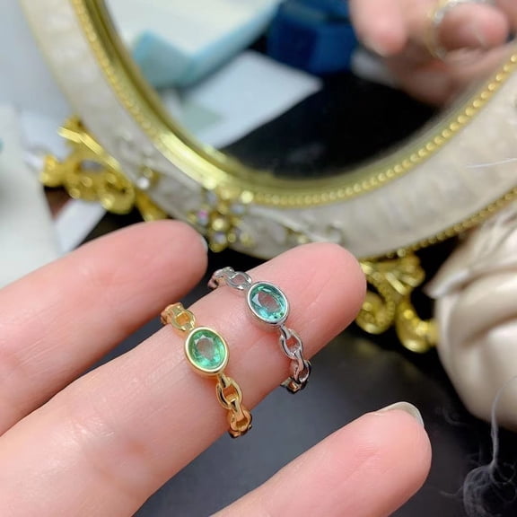 925 Sterling Silver Natural Green Emerald Adjustable Ring