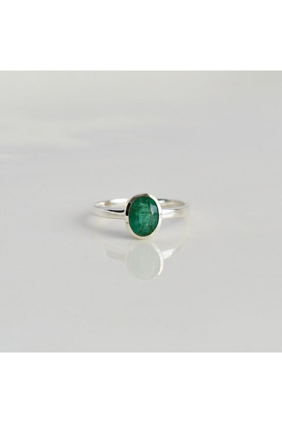 Solitaire Green Emerald Engagement Ring 925, Sterling Silver
