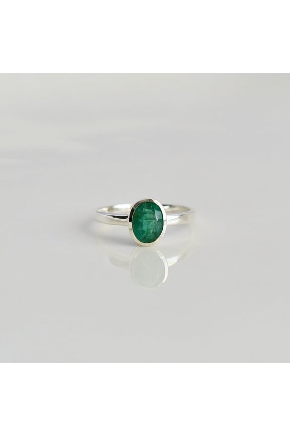 925 Sterling Silver Natural Green Emerald Gemstone Solitaire Women Ring Christmas Gift Engagement Ring
