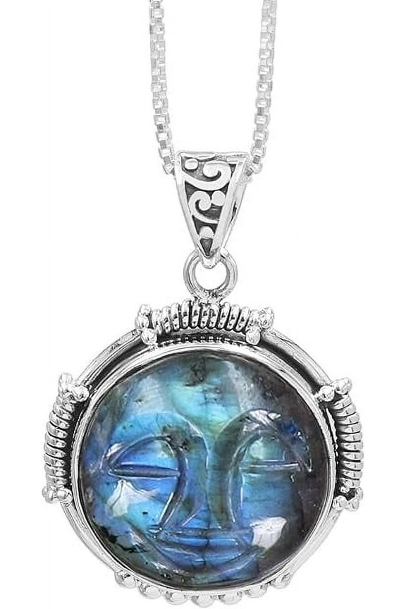 925 Sterling Silver Natural Moon Face Gemstone Pendant Necklace For Women | Pendant With 18 Inches Box Chain