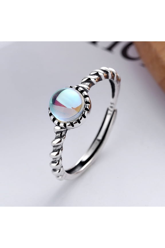 925 Sterling Silver & Natural Moonstone Adjustable Finger Rings Antique Silver Flat Round Inner Diameter: 16~19mm Moonstone