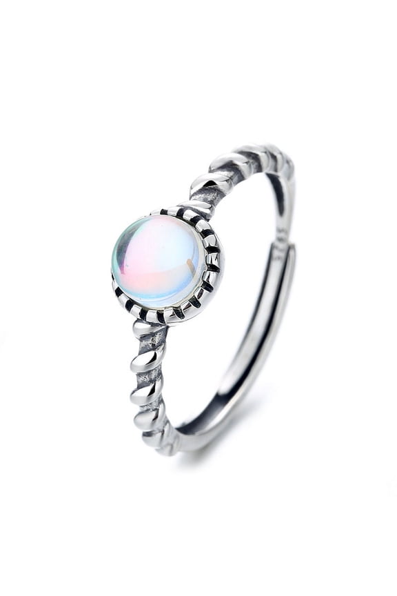 925 Sterling Silver & Natural Moonstone Adjustable Finger Rings Antique Silver Flat Round Inner Diameter: 16~19mm