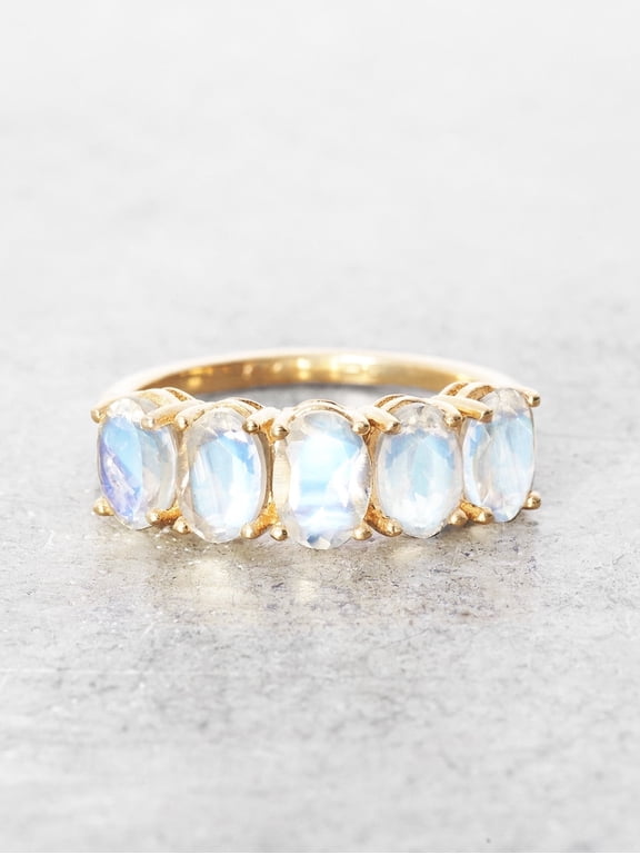 925 Sterling Silver Natural Moonstone Oval Gemstone Hulf Eternity Band Ring