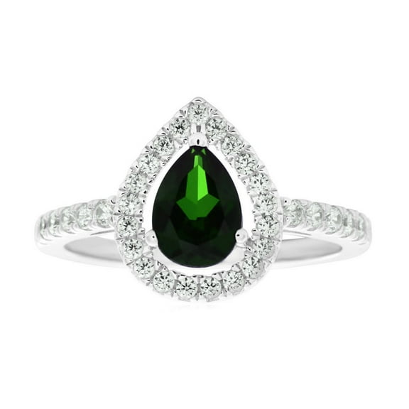 925 Sterling Silver Natural Pear Shape Chrome Diopside Gemstone Halo Style Gold Plated Ring