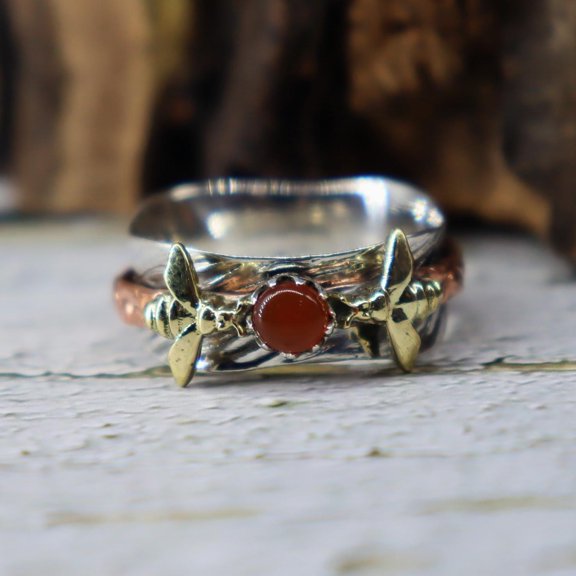 925 Sterling Silver, Natural Ruby Solid, Spinner Ring For Women Handmade Twisted Anxiety Rings For Anniversary Meditation Ring,Honeybee Ring