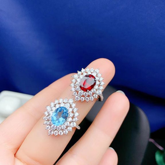 925 Sterling Silver Natural Topaz Garnet Adjustable Ring