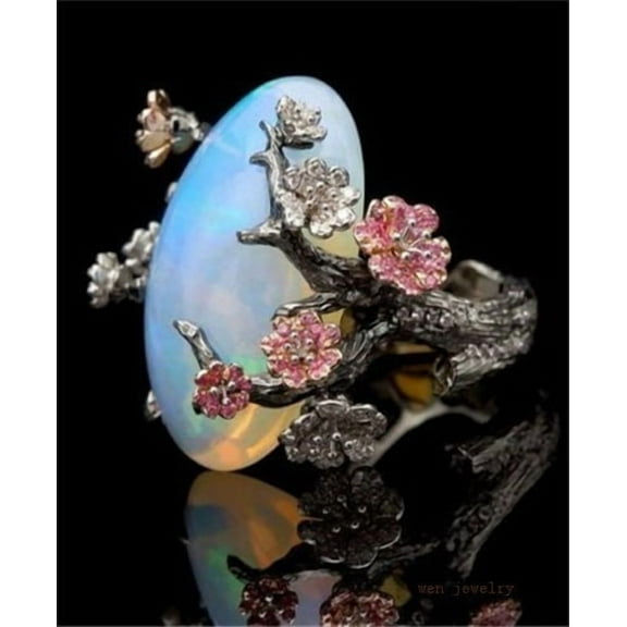 925 Sterling Silver Natural White Fire Opal Flower Wedding Engagement Band Ring