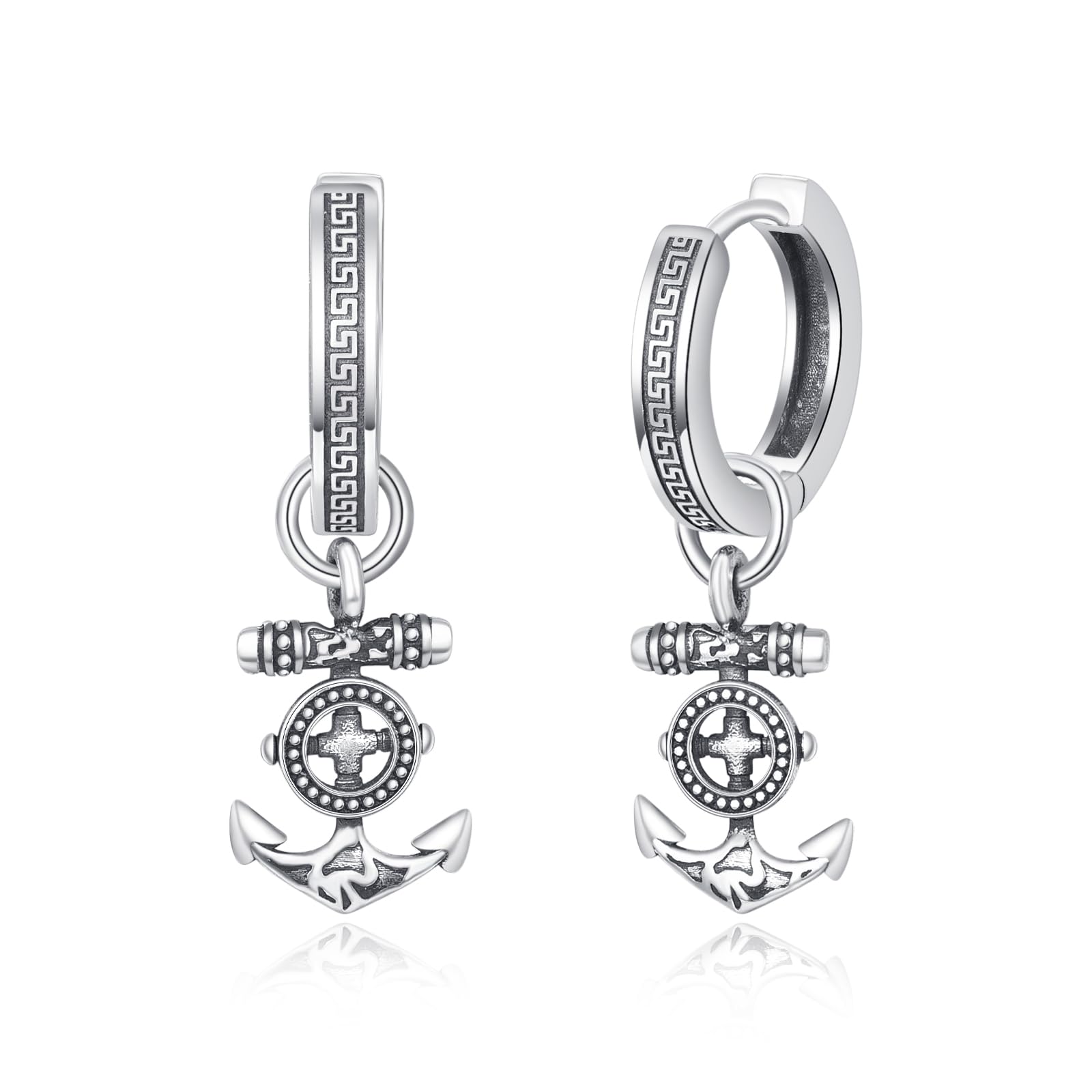 925 Sterling Silver Nautical Anchor Hoop Earrings for Men, Vintage Greek Key Cross Anchor Dangle Drop Huggie Earrings, Unisex Marine Sailor Summer Beach Jewelry Gift