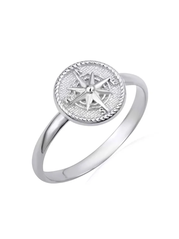 925 Sterling Silver Nautical Compass Rose Rope Signet Ring (Size 10)