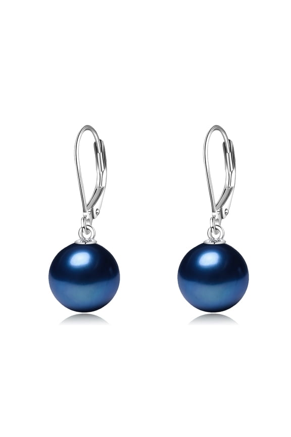 925 Sterling Silver Navy Blue Pearl Leverback Earrings Dangle Drop Jewelry Gifts for Women (Navy Blue Pearl)