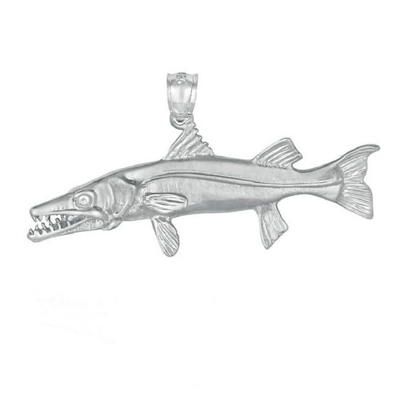925 Sterling Silver Necklace w/ Barracuda Fish 3D (3 Dimensional) Solid Pendant