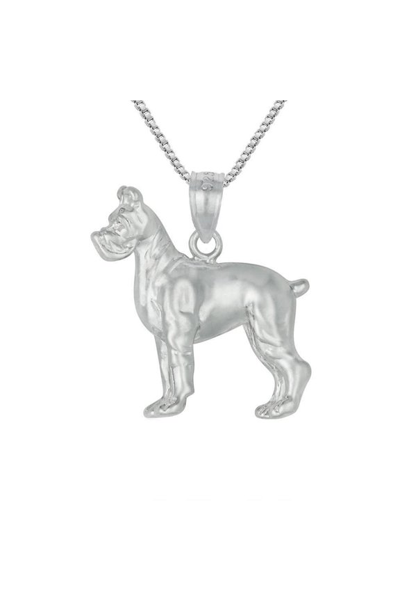 925 Sterling Silver Necklace w/ Boxer Dog 3D Solid Pendant Charm