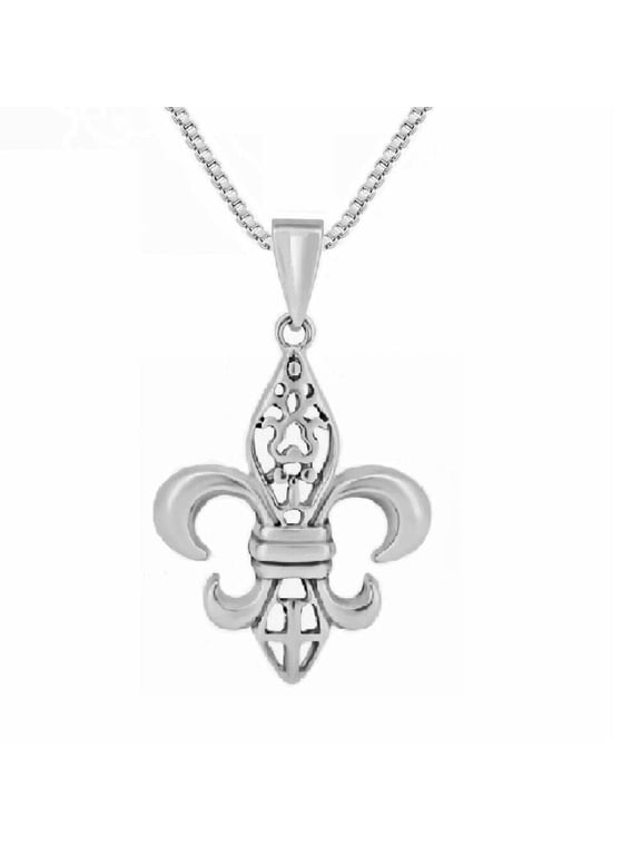 925 Sterling Silver Necklace w/ Filigree Fleur De Lis Pendant Charm
