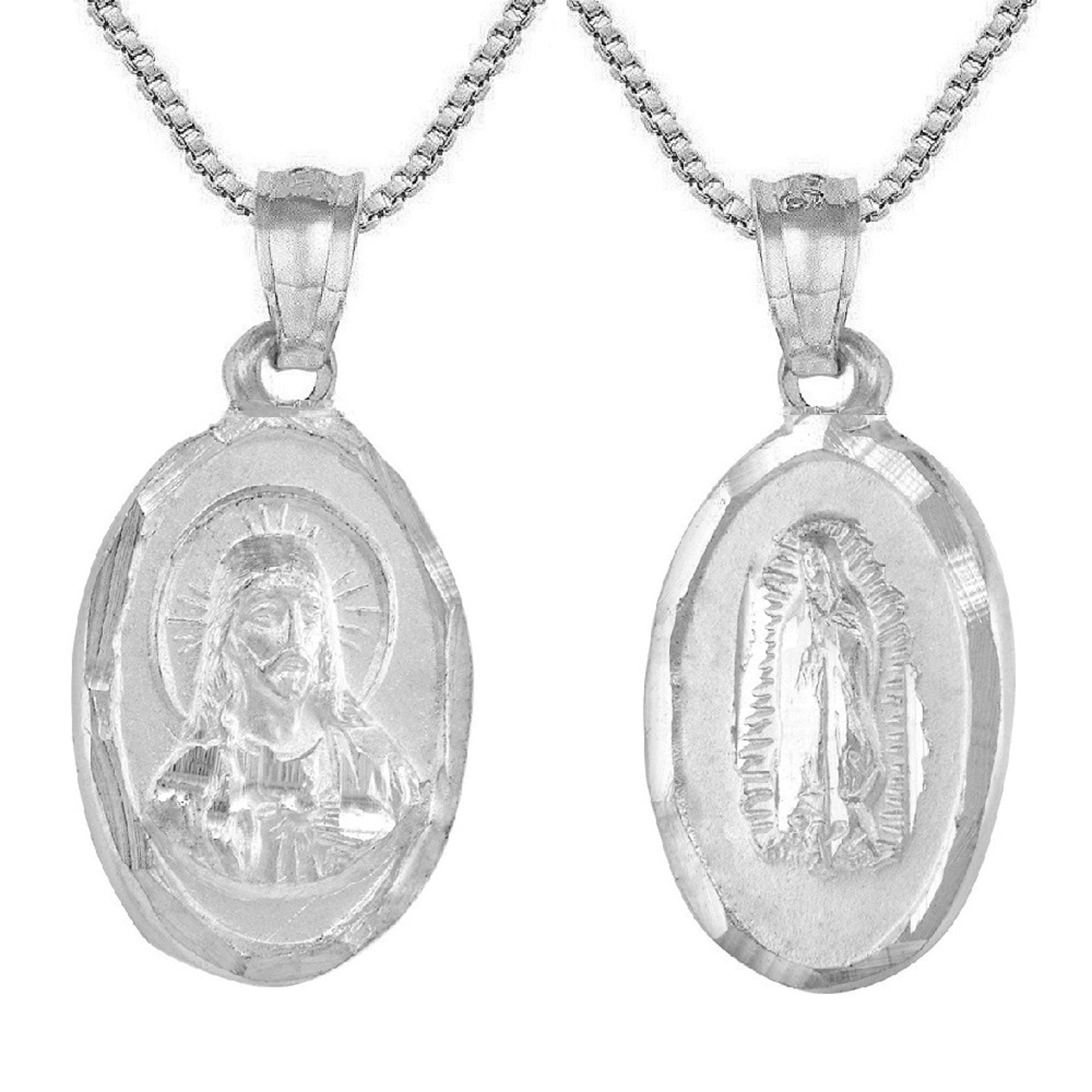 925 Sterling Silver Necklace w/ Guadalupe & Sacred Heart of Jesus 2 ...
