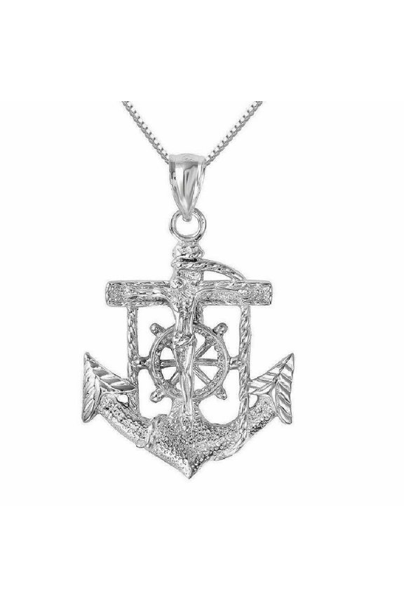 925 Sterling Silver Necklace w/ Mariners Anchor Crucifix Cross Pendant