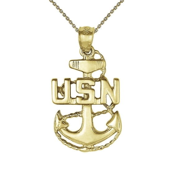 925 Sterling Silver Yellow Gold Plated 1mm Cable Chain Necklace w/ US Navy Anchor Pendant Charm