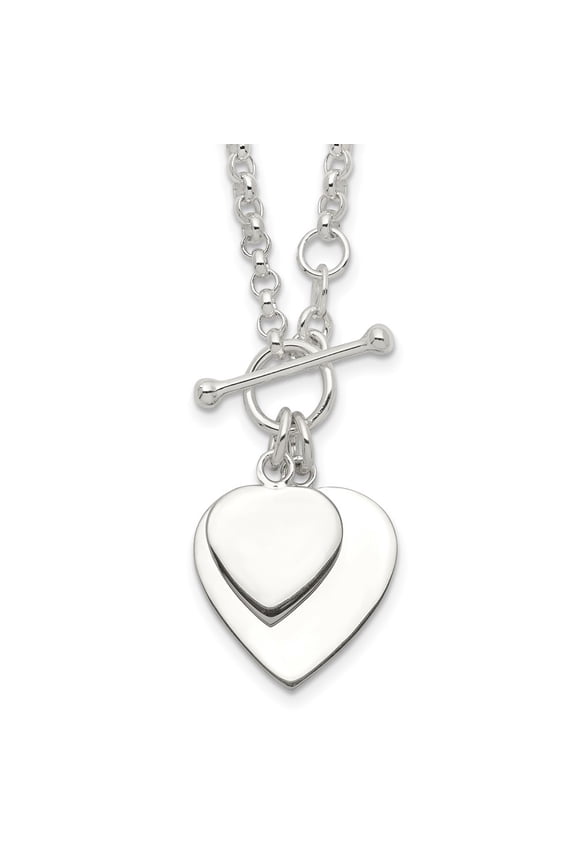 925 Sterling Silver Necklace with Pendants Chain Engraveable Double Heart Toggle 18 inch