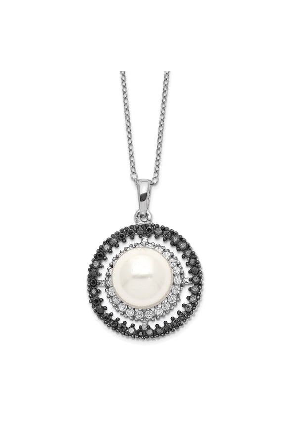 925 Sterling Silver Necklace with Pendants Chain Majestik Rhod-plated 10-11mm Shell Blk/Wht CZ 17 inch 20.3 mm