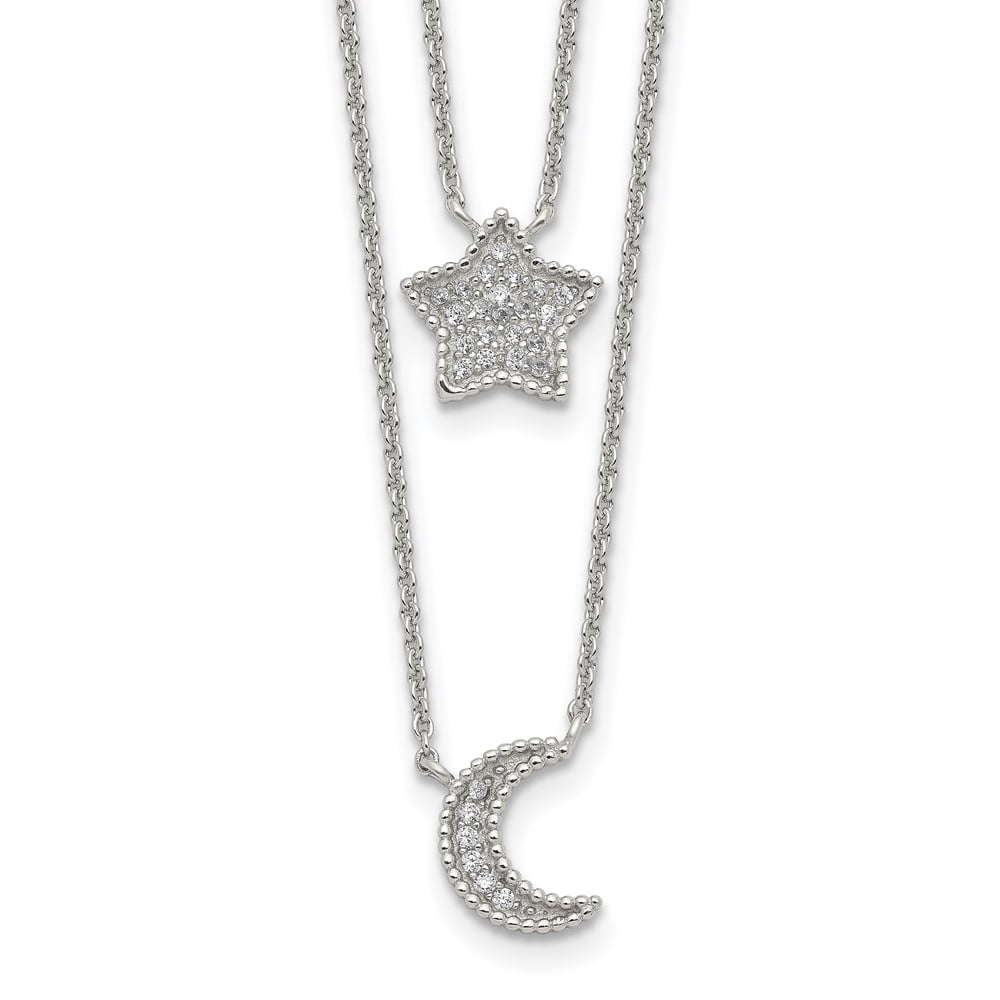 Sterling Silver Polished CZ Moon And Star Double Strand Necklace Sterling Silver Polished CZ Moon And Star Double Strand Necklace