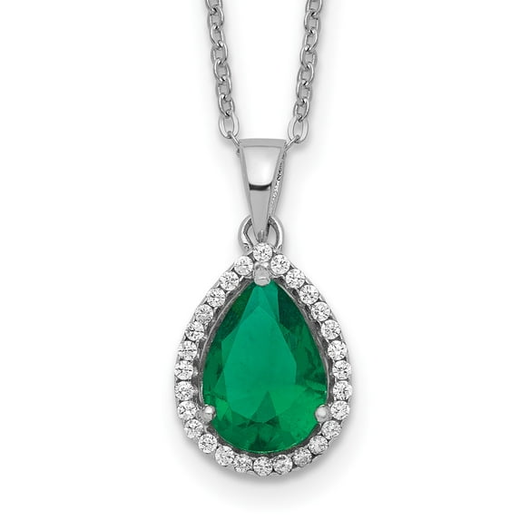 925 Sterling Silver Necklace with Pendants Chain Rhodium Simulated Emerald & CZ 18 inch