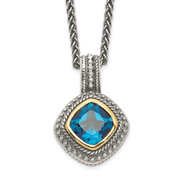 925 Sterling Silver Necklace with Pendants Chain Shey Couture 14K Accent 18 Inch Antiqued Cushion Bezel London Blue Topaz mm