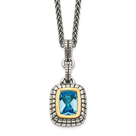 925 Sterling Silver Necklace with Pendants Chain Shey Couture 14K Accent 18 Inch Antiqued Cushion Bezel Swiss Blue Topaz mm