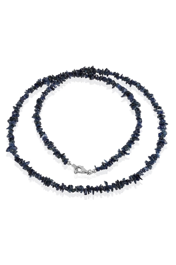 925 Sterling Silver Necklace with Rough Sapphire Blue Nugget Beads, White Rhodium Finish (60 cm)