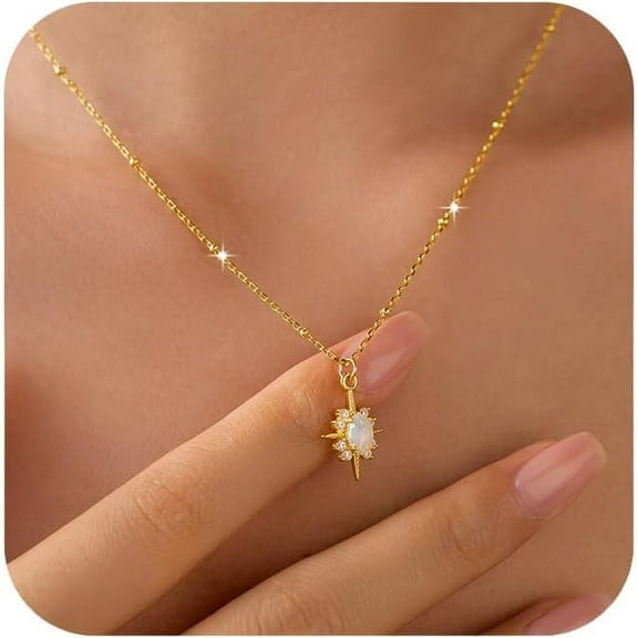 925 Sterling Silver North Star Opal Necklace for Women Dainty 14K Gold Plated 12 Pointed Star Pendant Necklace Trendy Cubic Zirconia Chain Jewelry Christmas Gift for Mom Daughter