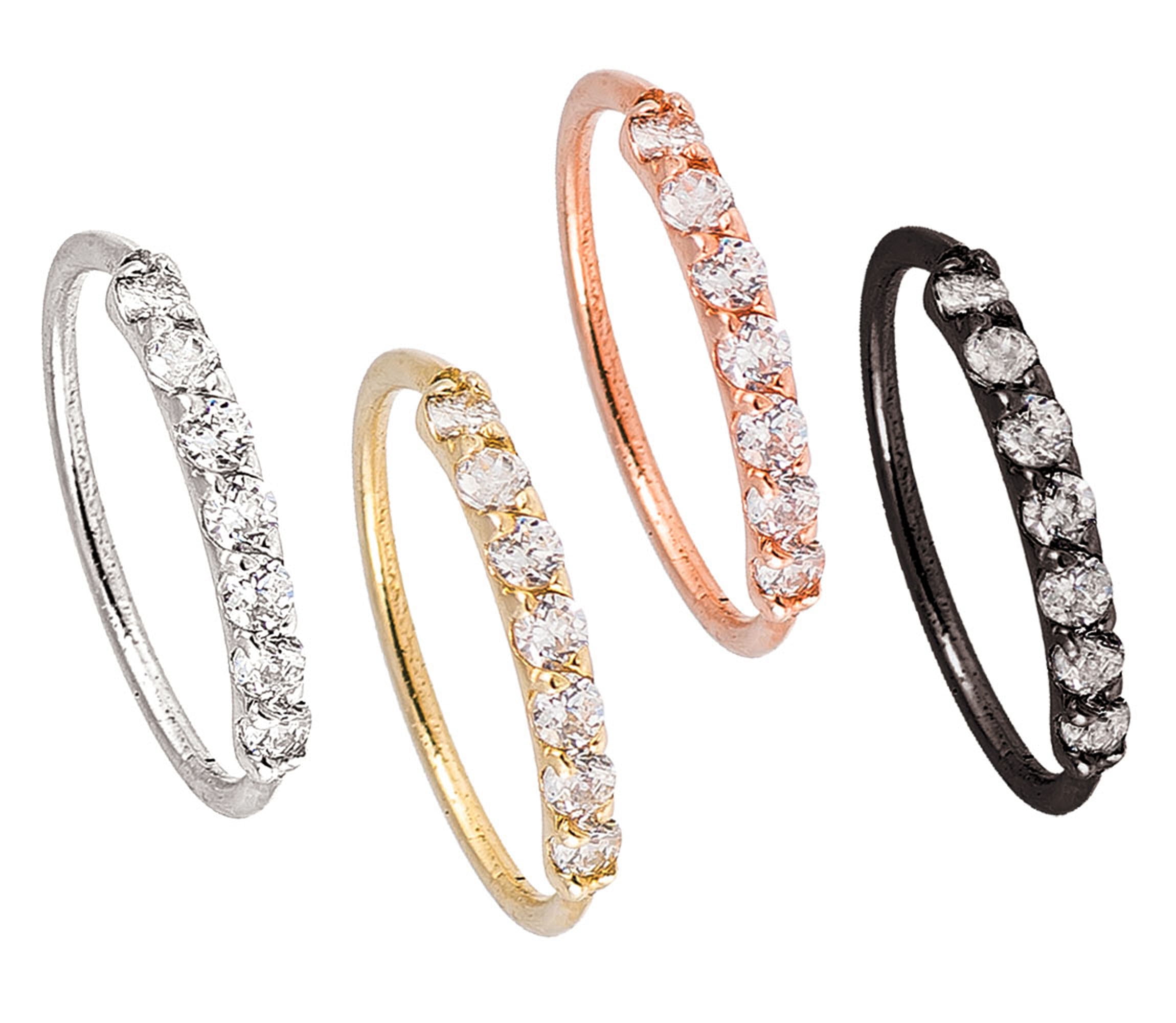 925 Sterling Silver Nose Ring, 22G Nostril Hoop Ring, Helix Earring, Cartilage Earring, 9mm Inside Diameter, Prong set 7-CZ Accented - 4 colors