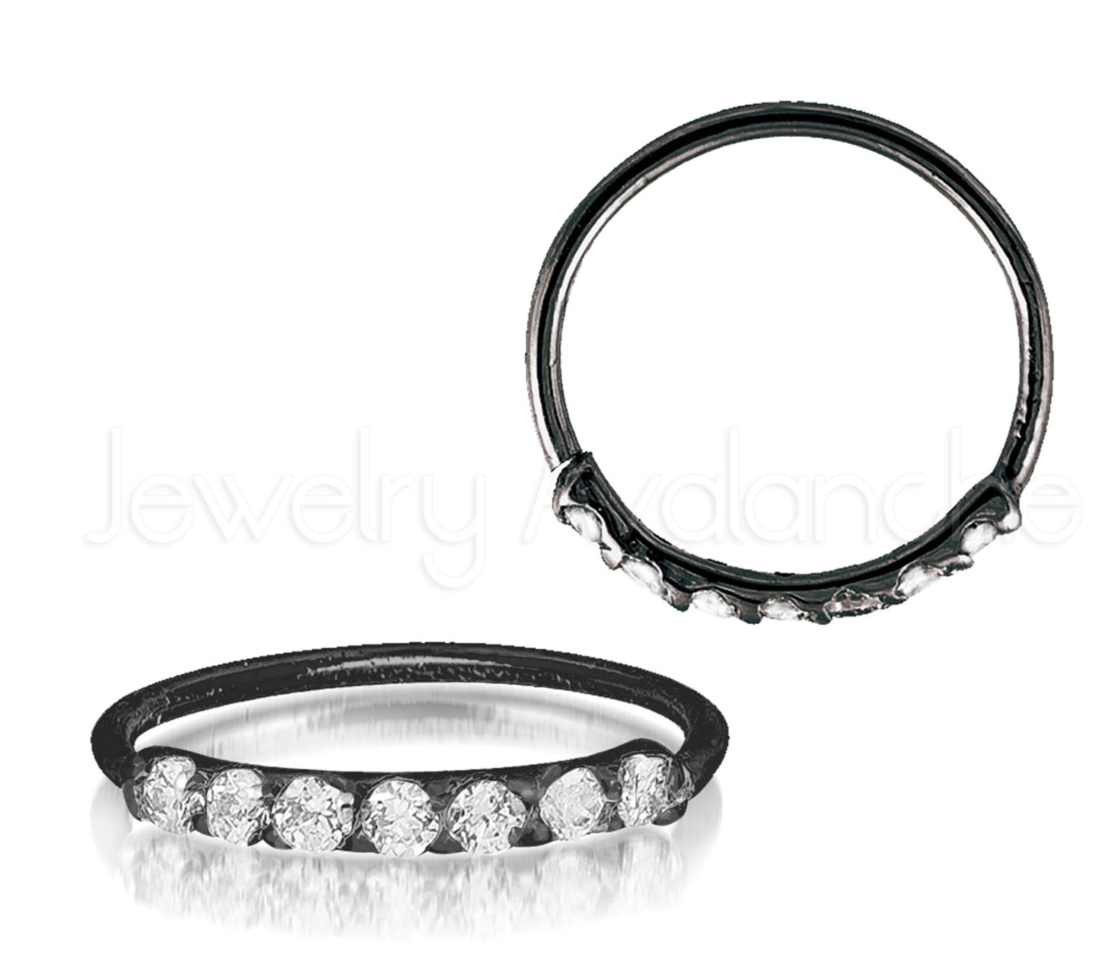 925 Sterling Silver Nose Ring, 22G Nostril Hoop Ring, Helix Earring, Cartilage Earring, 9mm Inside Diameter, Prong set 7 White CZ Accented - Black