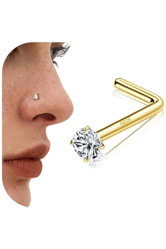 925 Sterling Silver Nose Stud 18G 20G L Shaped Bone Ring With Clear CZ Hypoallergenic Piercing Jewelry