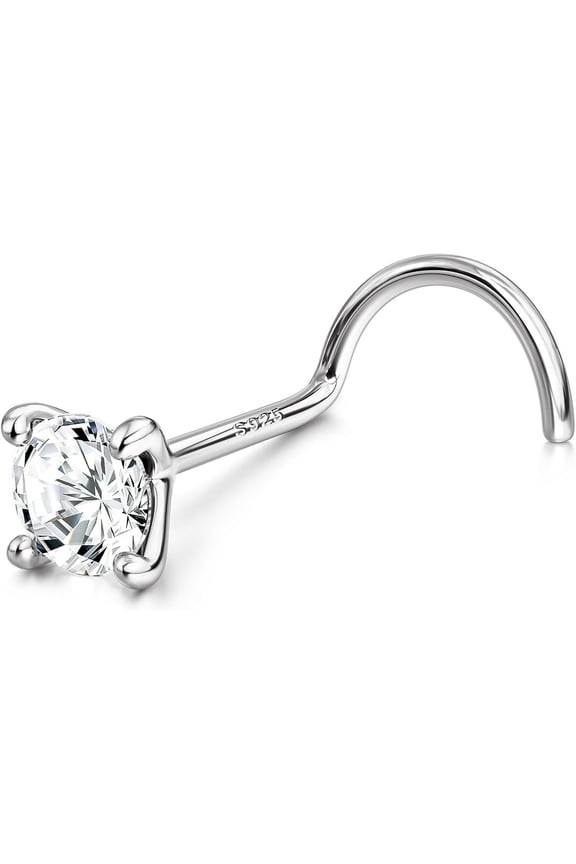 925 Sterling Silver Nose Studs, 18G 20G Corkscrew Nose Ring, Simulated Diamond CZ Hypoallergenic Nose Piercings for Women Men 1.5 2 3MM 20g(0.8mm)/3mm CZ