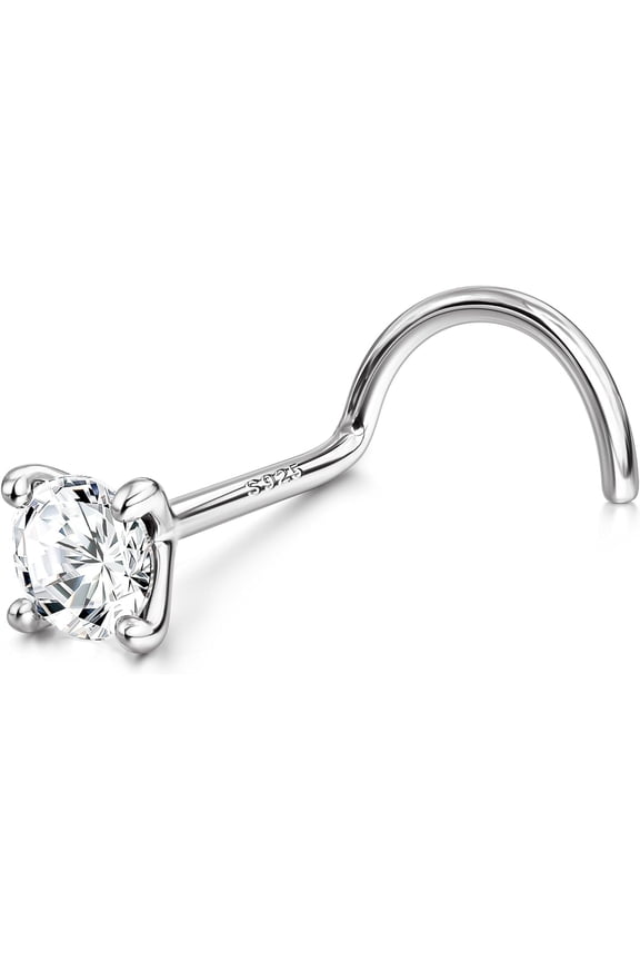 925 Sterling Silver Nose Studs, 18G 20G Corkscrew Nose Ring, Simulated Diamond CZ Hypoallergenic Nose Piercings for Women Men 1.5 2 3MM