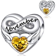 NINGAN 925 Sterling Silver November Angelwing Birthstone Heart Charm for Women Moment Charm Bracelet