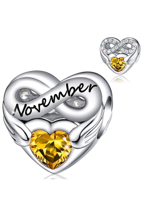 925 Sterling Silver November Angelwing Birthstone Heart Charm for Women Moment Charm Bracelet