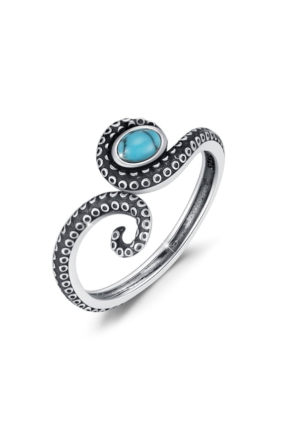 925 Sterling Silver Octopus Ring with Turquoise, Adjustable Open Band, Size 8, Ocean Theme Tentacle Design