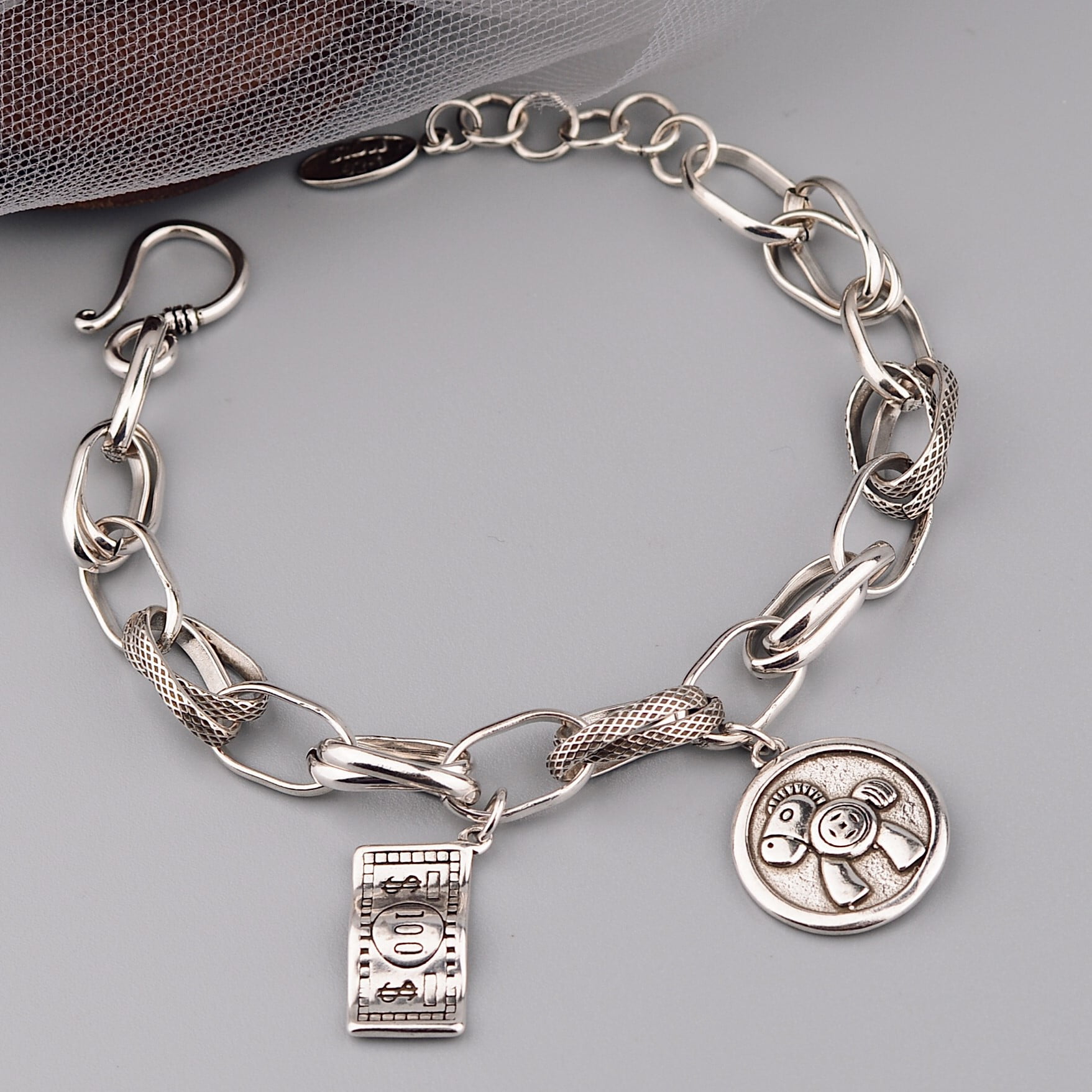 FREECOZYER 925 Sterling Silver One Hundred Us Dollar Charm Bracelet Silver Bracelets For Women