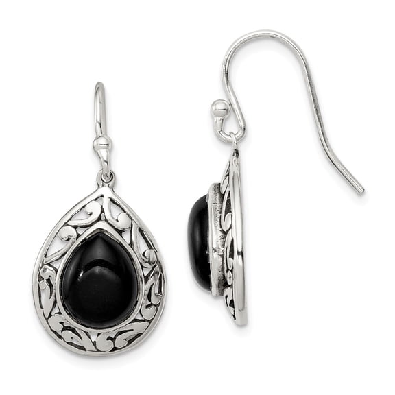 925 Sterling Silver Onyx Antiqued Shepherd Hook Earrings; for Adults and Teens; for Women and Men
