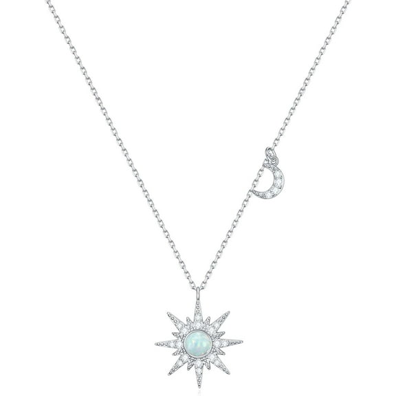 925 Sterling Silver Opal North Star Pendant Necklace, Celestial Moon Star Starburst Necklace Jewelry Gifts for Women