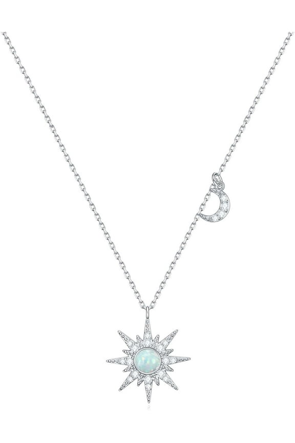 925 Sterling Silver Opal North Star Pendant Necklace, Celestial Moon Star Starburst Necklace Jewelry Gifts for Women