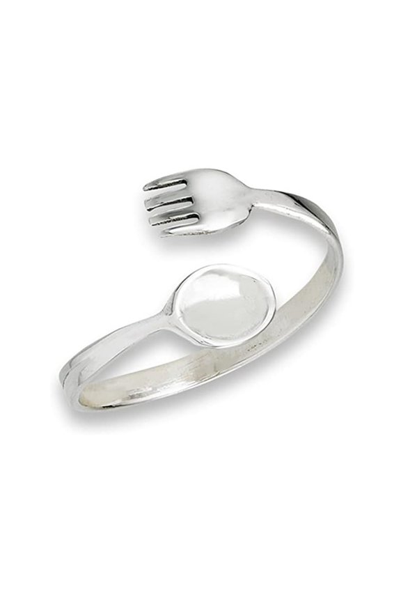 925 Sterling Silver Open Adjustable Fork Spoon Utensils Ring Thumb Band Women Everyday Ring
